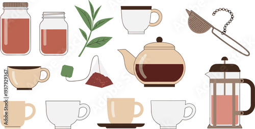 Tea Preparation Elements Set with Teapot Cups French Press and Tea Accessories Vector Illustration