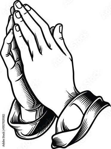 Praying hands vector illustration in black and white sketch style for religious faith hope prayer devotion spirituality church worship and christian grace isolated on white background.