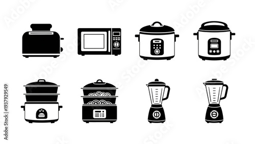 Collection of kitchen appliances with transparent background, toaster, microwave, cooker, blender on white