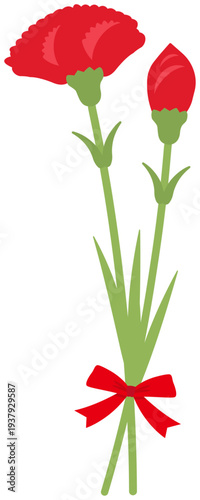 赤いカーネーションをリボンで結んだ花束、母の日のイラスト素材