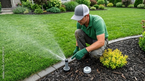 Male Landscaper Checking Lawn Sprinkler System in Green Garden