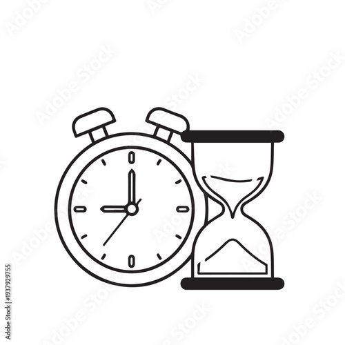 Alarm Clock and Hourglass Side by Side Line Art Illustration Concept of Time Management