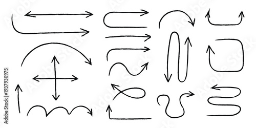 Hand drawn arrow doodle set. Abstract sketch direction and pointer symbols. Vector Illustration.
