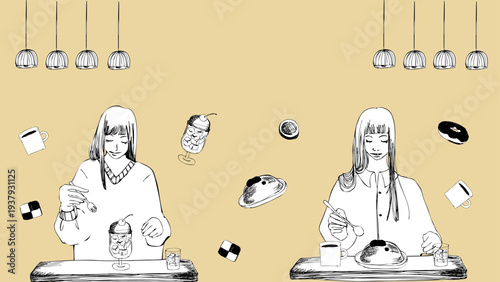 カフェでメロンソーダーとオムライスでまったりセット（色：白黒） hand-drawn people Series:Relaxing set of melon soda and omelet rice at a cafe (color: black and white)