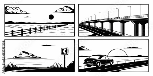 Four distinct architectural structures showcasing unique bridge designs and styles Vector