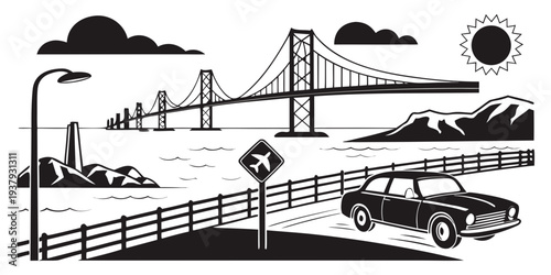 A serene landscape featuring a bridge, a windmill, and a lighthouse. Vector