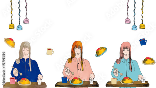 カフェでオムライスでランチセット（色：フラットカラー・水彩風・水彩風＋線の色うすめ） hand-drawn people Series:Omelette rice lunch set at a cafe(Color: Flat color, watercolor style, watercolor style + light line color)