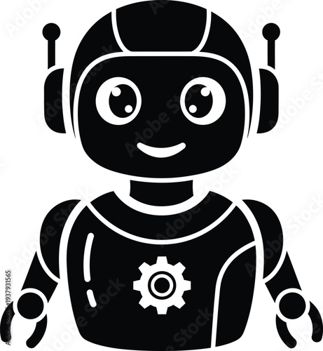 A cheerful robot with a gear on its chest and a happy face
