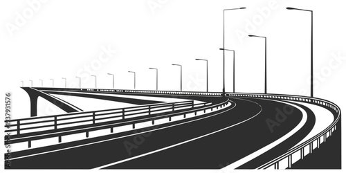 A winding road with multiple lanes and streetlights on a clear day. Vector