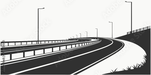 A winding road with guardrails and streetlights on a clear day Vector