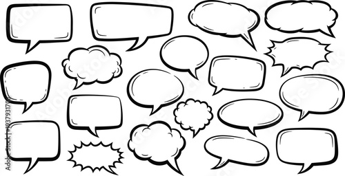 Collection of various comic book style speech bubbles and thought clouds