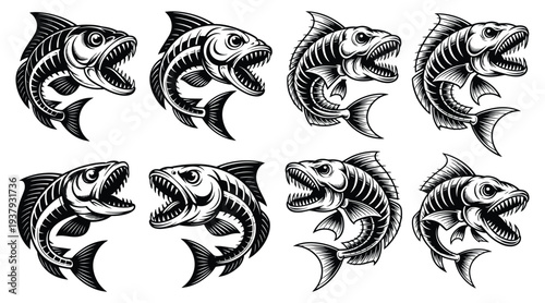 Aggressive Piranha Fish Skeleton Vector Collection, Aggressive Fishbone Bundle, Premium Black White Fishbone Predator Bundle for Sports Mascot Logo