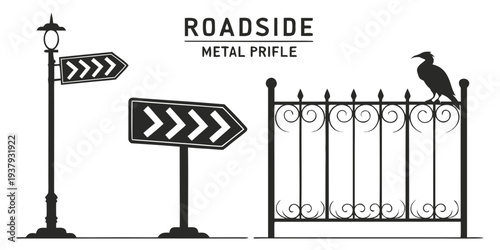 Metal fence and road signs with a bird perched on top Vector