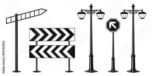 A variety of street signs and traffic lights in a simple black and white illustration Vector