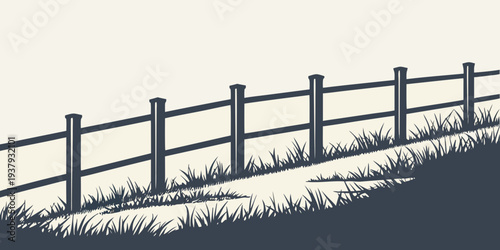 A serene wooden fence along a grassy hillside with a clear blue sky. Vector