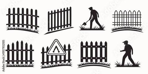 Various styles of fences and a person walking through an open gate Vector