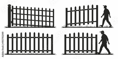 A person walking past various types of fences and barriers Vector