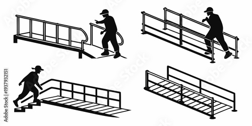 A series of illustrations depicting people performing various exercises on a bench. Vector