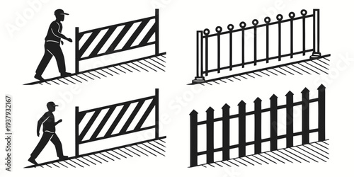 Illustration of a person navigating different types of barriers and fences Vector