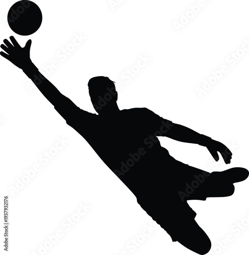 Soccer goalkeeper silhouette jumping to save the ball during football match isolated on white background for sports competition championship training and athletic fitness goal.