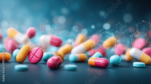 Colorful pharmaceutical pills and capsules scattered with glowing molecular structures