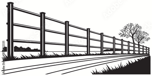 A serene view of a wooden fence in a rural landscape with a tree in the background Vector