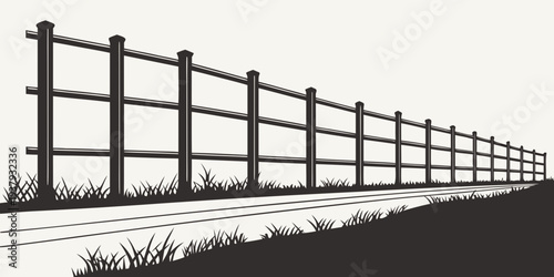 A long, straight row of wooden poles standing in a field against a dark sky. Vector