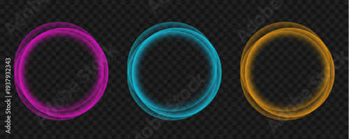 A series of three glowing translucent circular frames in gold teal and magenta hues against a transparent backdrop