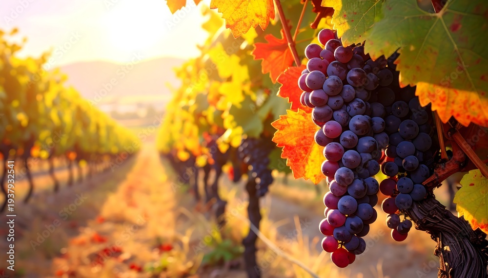 Fototapeta premium A serene vineyard at sunset with lush grapevines and ripe purple grapes