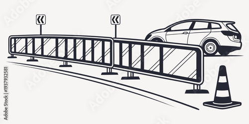 Car parked on a railway track with a barrier in the background. Vector