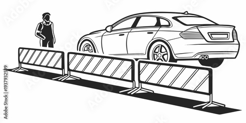 Man standing next to a car on a weighbridge with a barrier Vector