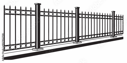 A tall, elegant black metal fence with pointed tops and vertical bars. Vector