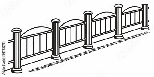 A black and white illustration of a decorative metal fence with intricate designs. Vector