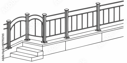 Elegant black metal railing with intricate designs on a wooden deck. Vector