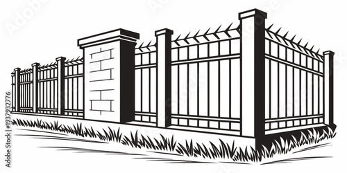 A detailed illustration of a large, imposing fence with a gate. Vector