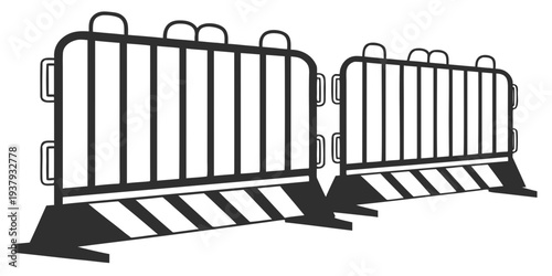 Two metal barricades with reflective stripes and black bases on a gray surface Vector