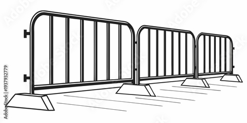 A row of metallic barricades lined up in a straight line on a flat surface. Vector