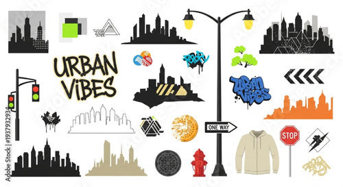 Urban Vibes Collection of Cityscape Silhouettes and Graffiti Art.
