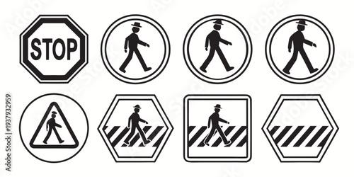A variety of traffic signs and symbols indicating pedestrian crossings and restrictions Vector
