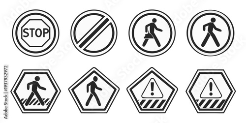 A collection of various traffic and pedestrian signs for road safety and guidance Vector