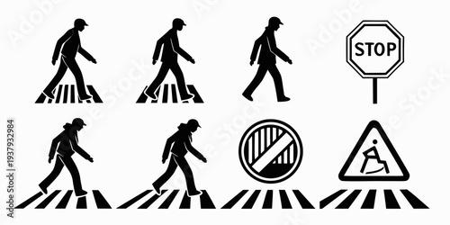 Pedestrian crossing symbols and traffic signs in a sequence of images Vector