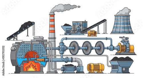 Industrial power plant with steam and machinery.