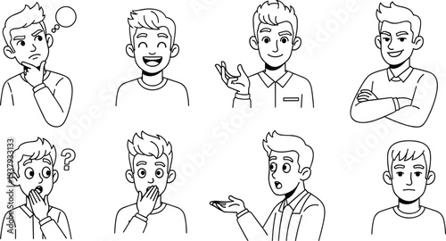Male Character Line Art Illustration Set with Various Facial Expressions and Hand Gestures Including Thinking, Laughing, and Shock