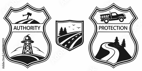 Three distinct badges representing authority, security, and protection. Vector