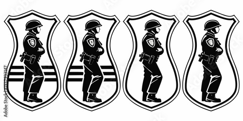 Four men in uniforms standing in a row with shields behind them Vector