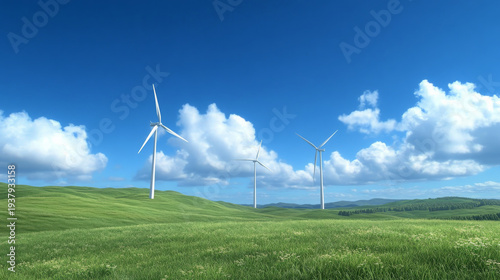 Wind turbines spinning rolling green hills blue sky with fluffy clouds, peaceful landscape
