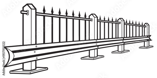 A detailed illustration of a black wrought iron fence with pointed tips and sturdy base. Vector