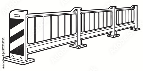 A black and white striped barrier with metal posts and a chain link fence. Vector