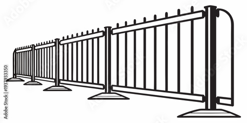 A row of black metal barricades lined up in a straight row. Vector