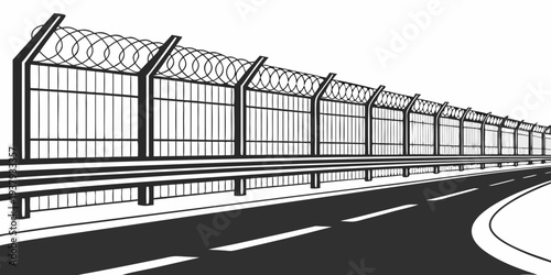 A line of modern glass buildings with reflective surfaces along a roadway. Vector